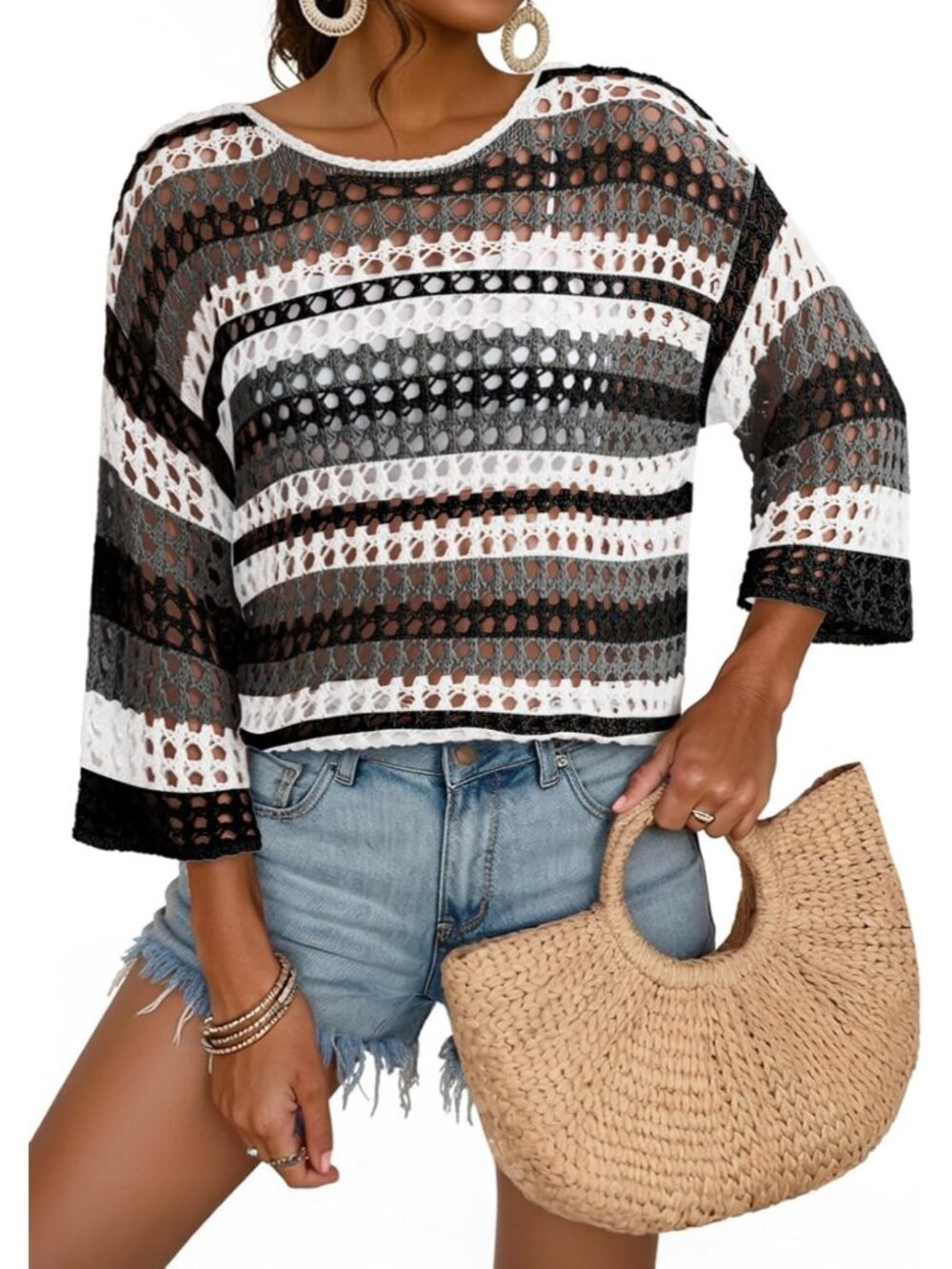 Women's Black Sleeve Crochet Sweater Hollow Block  Cover Ups Striped Tops